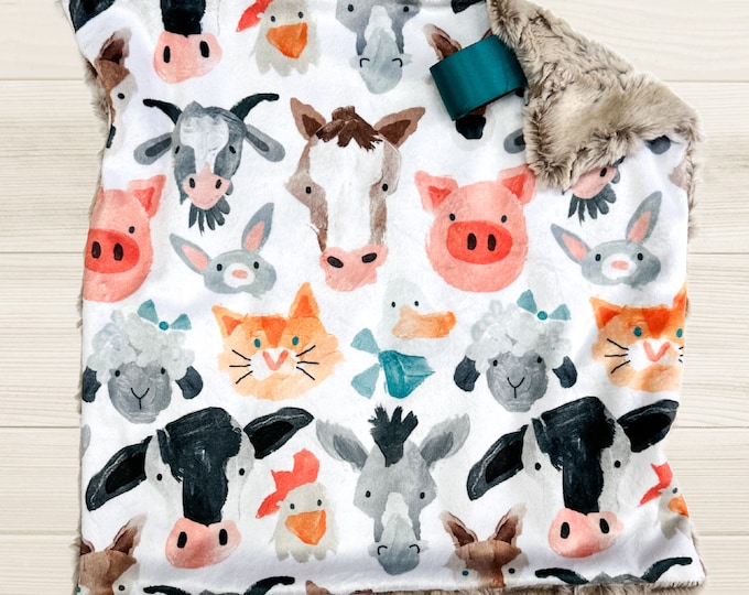 Farm Animal Faces Lovey Blanket | Farm Life Minky Baby Blanket | Cow Lovey | Farm Nursery Decor | Baby Shower Gift