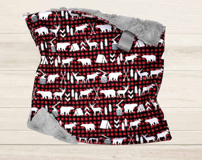 Woodland Christmas Lovey or Baby Blanket in Buffalo Plaid | Cozy Minky and Faux Fur | Cabin Bear Deer | Security Blanket | Perfect Baby Gift