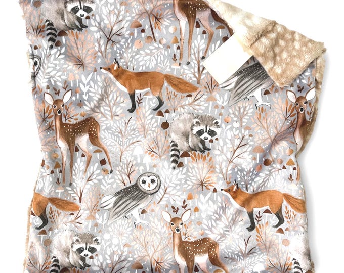 Woodland Animals Lovey Blanket | Forest Animal Security Blanket |  Neutral Baby Gift | Handmade Baby Blanket | Woodland Nursery