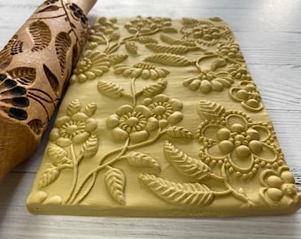 Floral wooden rolling pin, embossed handmade rolling pin for clay and cookies