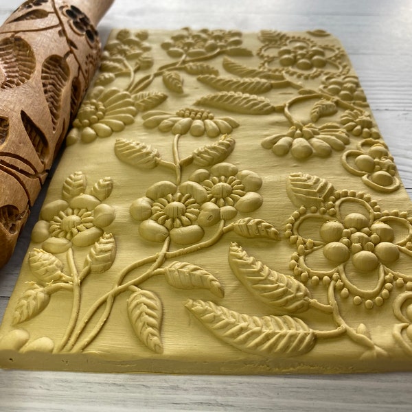 Floral wooden rolling pin, embossed handmade rolling pin for clay and cookies