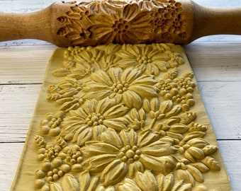 Rouleau à pâtisserie en relief - Rouleau à pâtisserie gravé - rouleau à pâtisserie en bois - Motif de fleurs - pour argile et biscuit