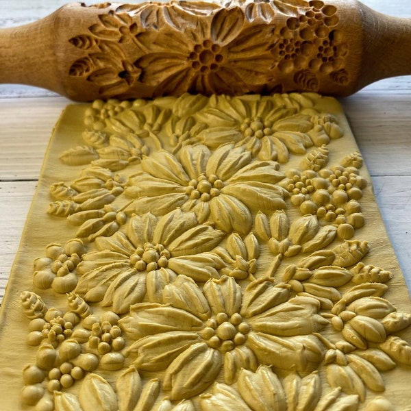 Rouleau à pâtisserie en relief - Rouleau à pâtisserie gravé - rouleau à pâtisserie en bois - Motif de fleurs - pour argile et biscuit