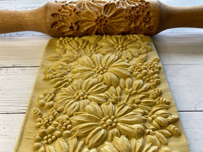 Embossed rolling pin Engraved rolling pin wooden rolling pin Flower pattern for clay and cookie image 1