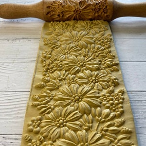 Embossed rolling pin Engraved rolling pin wooden rolling pin Flower pattern for clay and cookie image 2