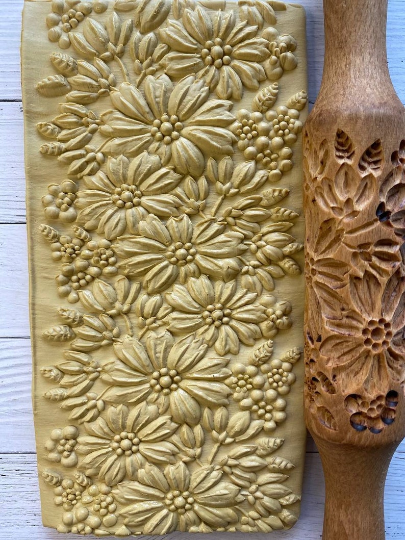 Embossed rolling pin Engraved rolling pin wooden rolling pin Flower pattern for clay and cookie image 10
