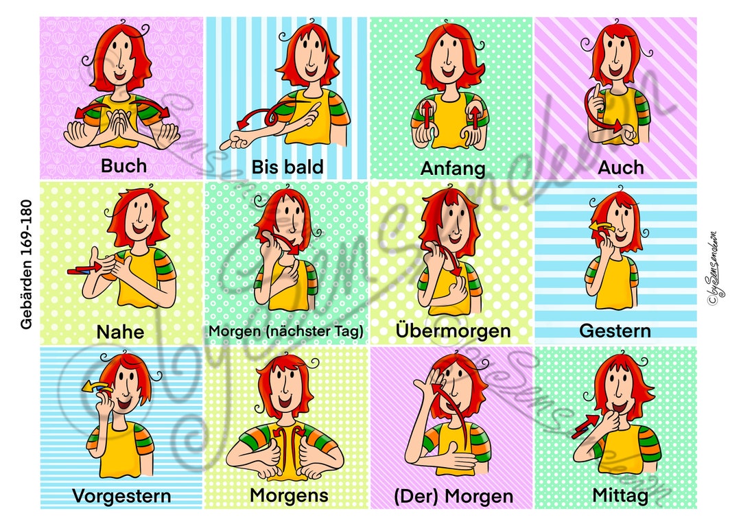 Sign Language Learning Cards With 72 Vocabulary Set 3 145216 to Print Out, DGS Sign Language