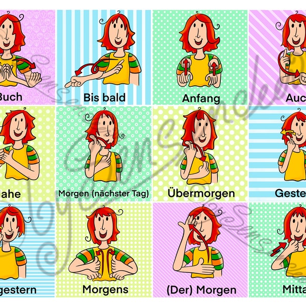 Gebärdensprache Lernkarten mit 72 Vokabeln Set 3 (145-216) zum ausdrucken, DGS Sign Language, deutsche Gebärdensprache