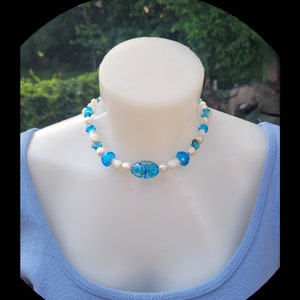 Mushroom and pearls handmade necklace garnished with lampowork beads nature inspired necklace blue mushrooms and cultured pearls choker