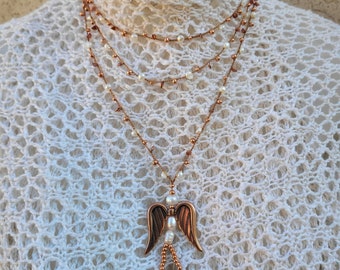 Long Copper Beads Necklace, Handmade Angel Charm, Pearl Jewelry