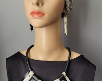 Handmade Black & Gray Leather Necklace and Earrings Set – Sterling Silver Hooks