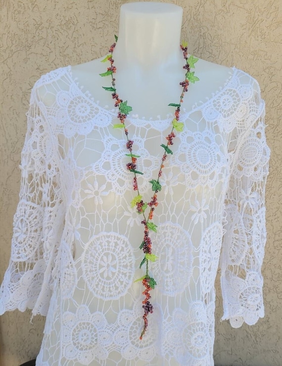 Handmade Crochet Red Currant Necklace, Beaded Fruit Jewelry
