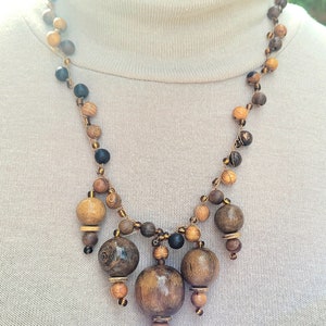 Wooden, coconut and seed beads crocheted necklace, statement necklace, elegant wooden beads necklace, natural necklace