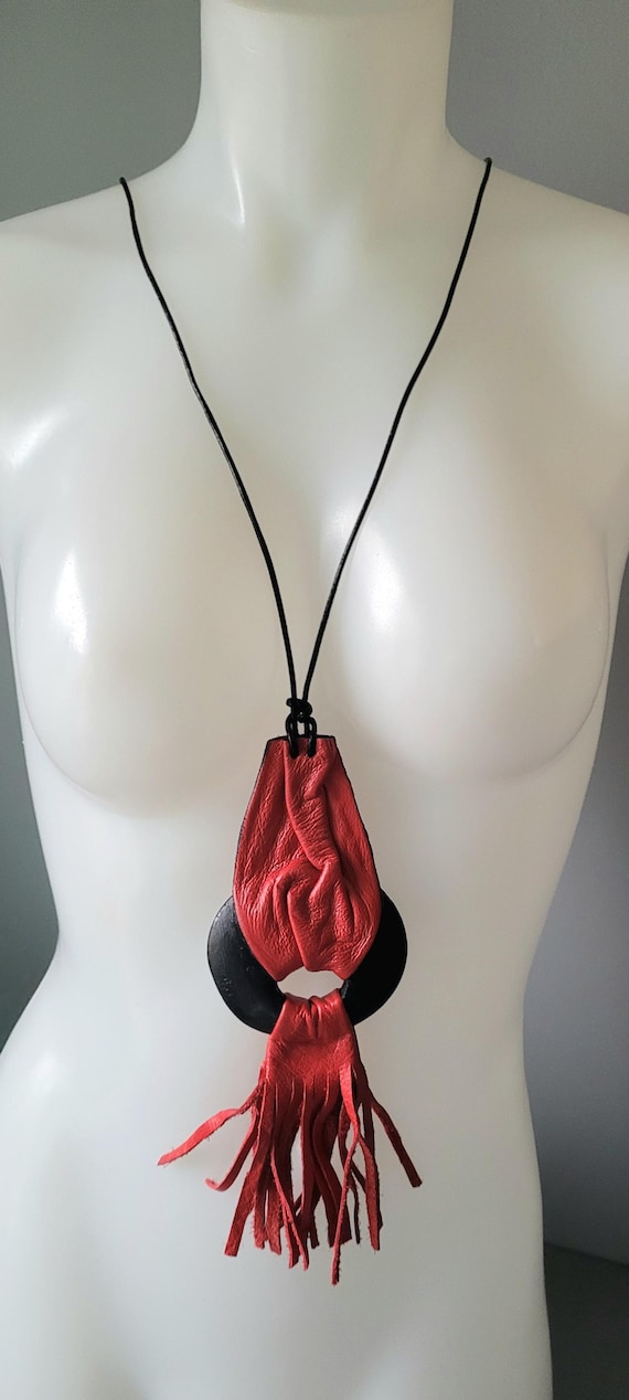 Handmade Red Leather Statement Necklace, Black Wood Pendant  display picture 3