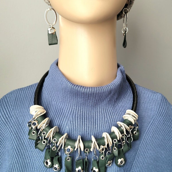 Genuine (recycled) leather necklace with earrings, unique set - funky necklace and earrings/gift for her/Birthday gift/original gift