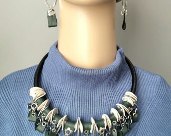 Handmade Green Leather Necklace & Sterling Silver Earrings Set