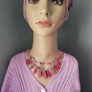 Leather and glass beads necklace with silk thread, pink leather handmade two strand necklace, unique gifts for women, gifts for girlfriend