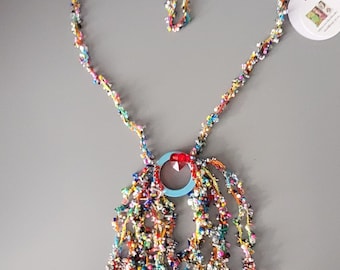 Handmade Crochet Glass Bead Necklace, Swarovski Crystal Heart