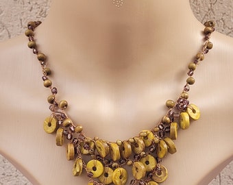 Handmade Crochet Coconut Statement Necklace, Beaded Boho Jewelry
