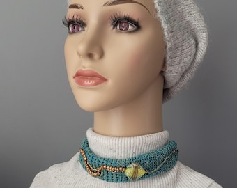Handmade Crochet Choker: Green Cotton, Seed Bead, Lampwork Glass short necklace