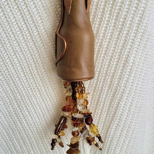 Leather necklace, handmade from genuine recycled leather bell necklace with gemstones/gift for her/birthday gift/unique leather jewelry