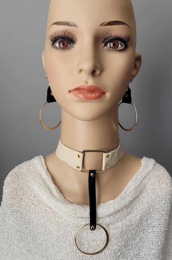 Leather Choker, Beige and Black Genuine Leather Choker With