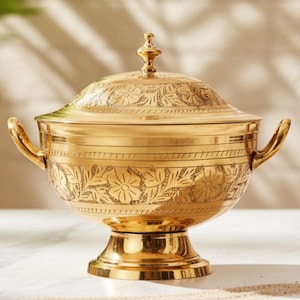 May include: A gold-coloured serving bowl with a lid, featuring etched floral and geometric patterns. The bowl has two handles and a pedestal base. The lid is topped with a decorative finial. The text "AAKARSHAN KALA" is in the upper left corner.
