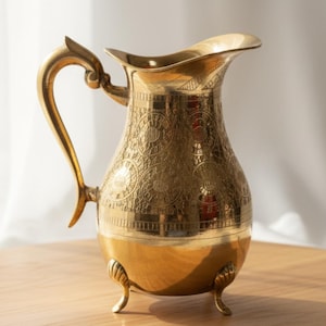 May include: A gold-colored metal pitcher with an ornate floral pattern and a curved handle. The pitcher has a wide spout and sits on three small feet. The brand name "AAKARSHAN KALA" is in the top left corner. The pitcher is displayed on a wooden surface.