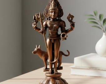 Reines Kupfer Kaal Bhairava Idol | 14 cm große Hindu-Gott-Statue | Kupfer Bhairav Murti | Schutzgottheit Skulptur | Tempel Dekor