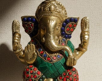 Brass Ganesha Idol with Stonework | 5 Inch Lord Ganesh Murti | Pure Brass Hindu Statue | Home Temple Decor | Ganpati Figurine