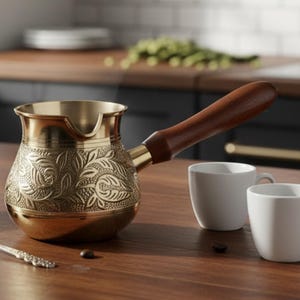May include: A brass coffee pot with an ornate floral design, a wooden handle, and two white ceramic cups sit on a wooden surface. A small bowl of coffee grounds and a spoon are also present. The text "AAKARSHAN KALA" is in the upper left corner.