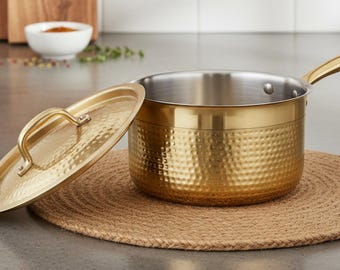 Cacerola de latón con revestimiento de estaño y tapa / Cacerola de latón artesanal – 2000 ml
