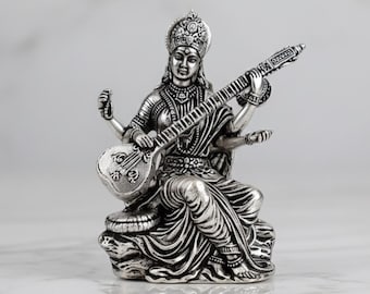 Silver Plated Brass Saraswati Idol | Miniature Goddess Saraswati Statue | 3 Inch Brass Murti | Hindu Deity Figurine | Home Study Decor