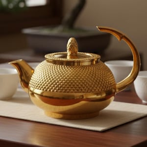 Puede incluir: Un juego de té dorado con una tetera texturizada y tazas a juego. La tetera tiene un asa curva y una tapa decorativa. El juego está dispuesto sobre una mesa de madera, lo que sugiere una ceremonia del té.