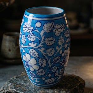 May include: A blue ceramic vase with a white floral pattern, displayed on a grey stone. The vase is cylindrical with a flared top. The text "AAKARSHAN KALA" is visible at the top left.