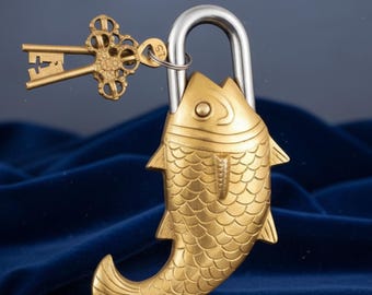 Vintage Brass Fish Lock | Handmade Antique Style Fish Shape Security Lock with Keys | Decorative Brass Padlock | Home & Office Decor