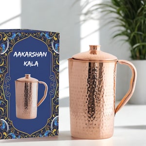 Handmade Hammered Copper Water Jug with Lid | Ayurvedic Copper Pitcher | Traditional Indian Drinkware | 1300ml Hammered Copper Lid Vessel
