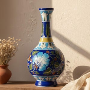 Puede incluir: Un jarrón de cerámica azul con un diseño floral. El jarrón tiene un cuerpo bulboso y un cuello delgado. El diseño incorpora tonos de azul, blanco, verde y naranja. El texto "AAKARSHAN KALA" es visible. El jarrón está sobre una estantería de madera.