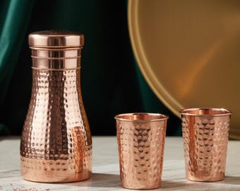 Handmade Hammered Copper Drinkware Gift Set | Ayurvedic Copper Pitcher | Traditional Indian Drinkware | 3 Pcs Copper Bottle with Glass Set