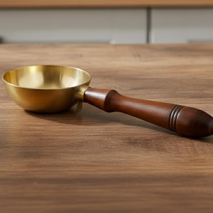 May include: A brass scoop with a wooden handle. The scoop has a rounded bowl and a dark brown, smooth handle. The handle is attached to the bowl with a brass fitting. The text "AAKARSHAN KALA" is in the upper left corner.