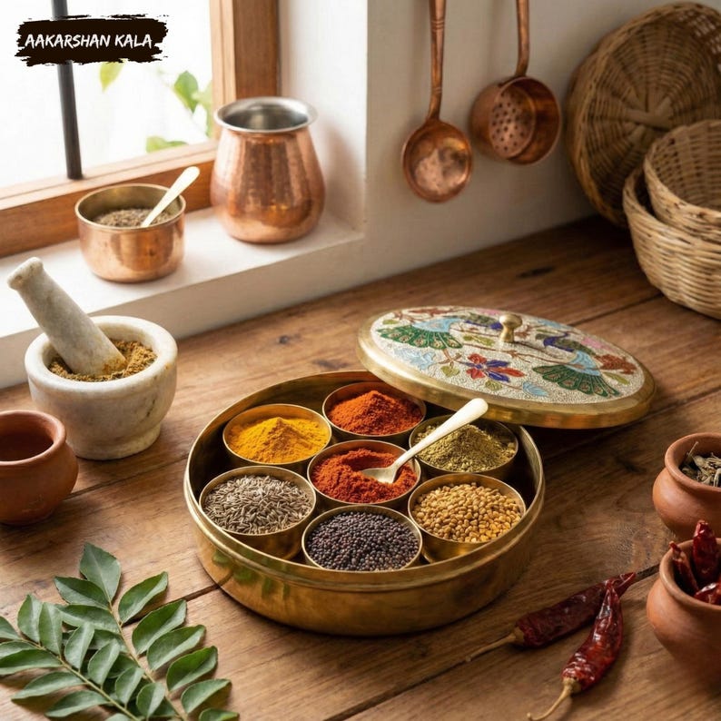 May include: A brass spice box with a decorative lid, filled with various colorful spices. The box is surrounded by copper pots, a mortar and pestle, and small clay pots. The image also includes the text "AAKARSHAN KALA".