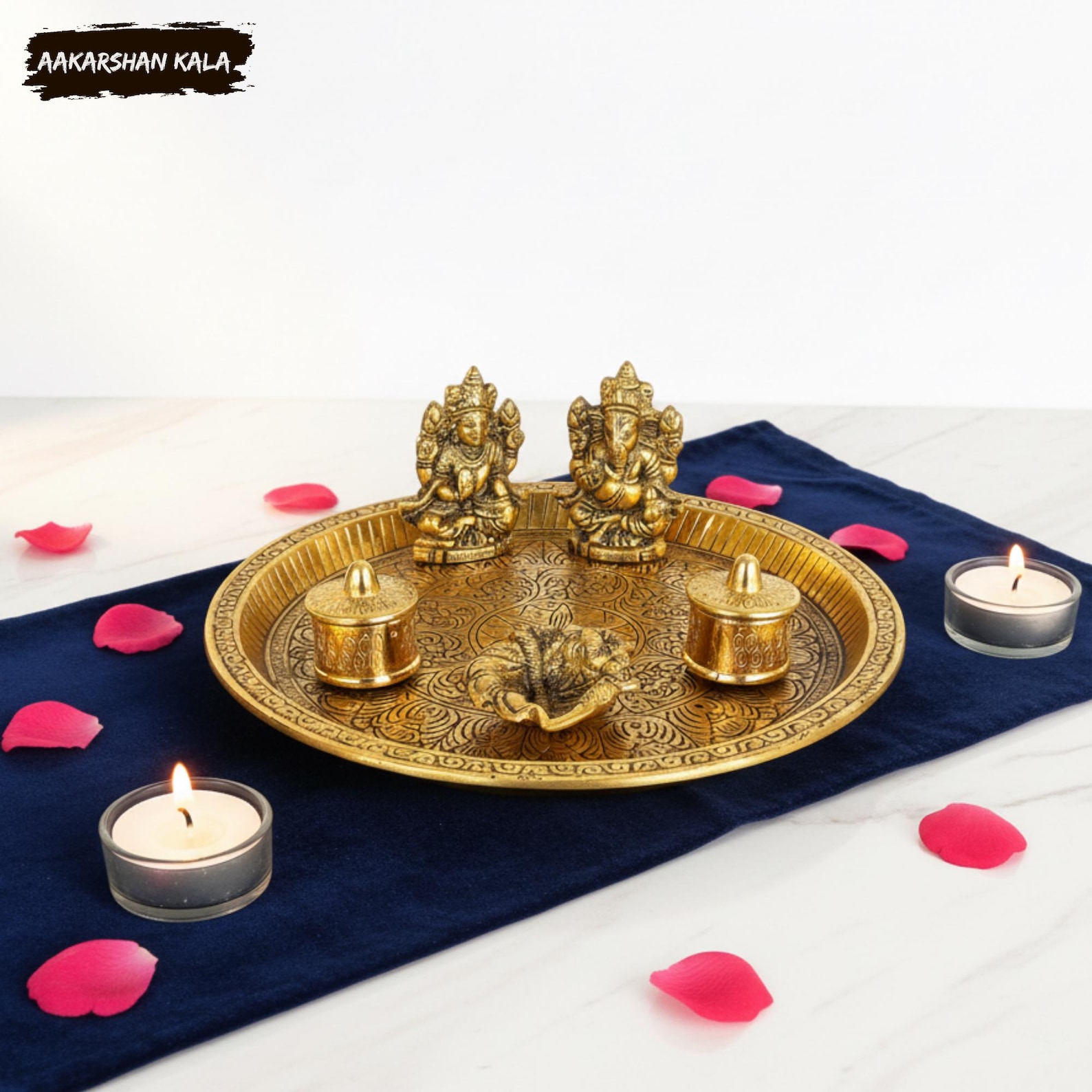 Brass Deep Embossed Design Shree Ganesh & Laxmi 6 Pieces Pooja Thali Set | Traditional Hindu Puja Plate | Spiritual Brass Ritual Thali Set