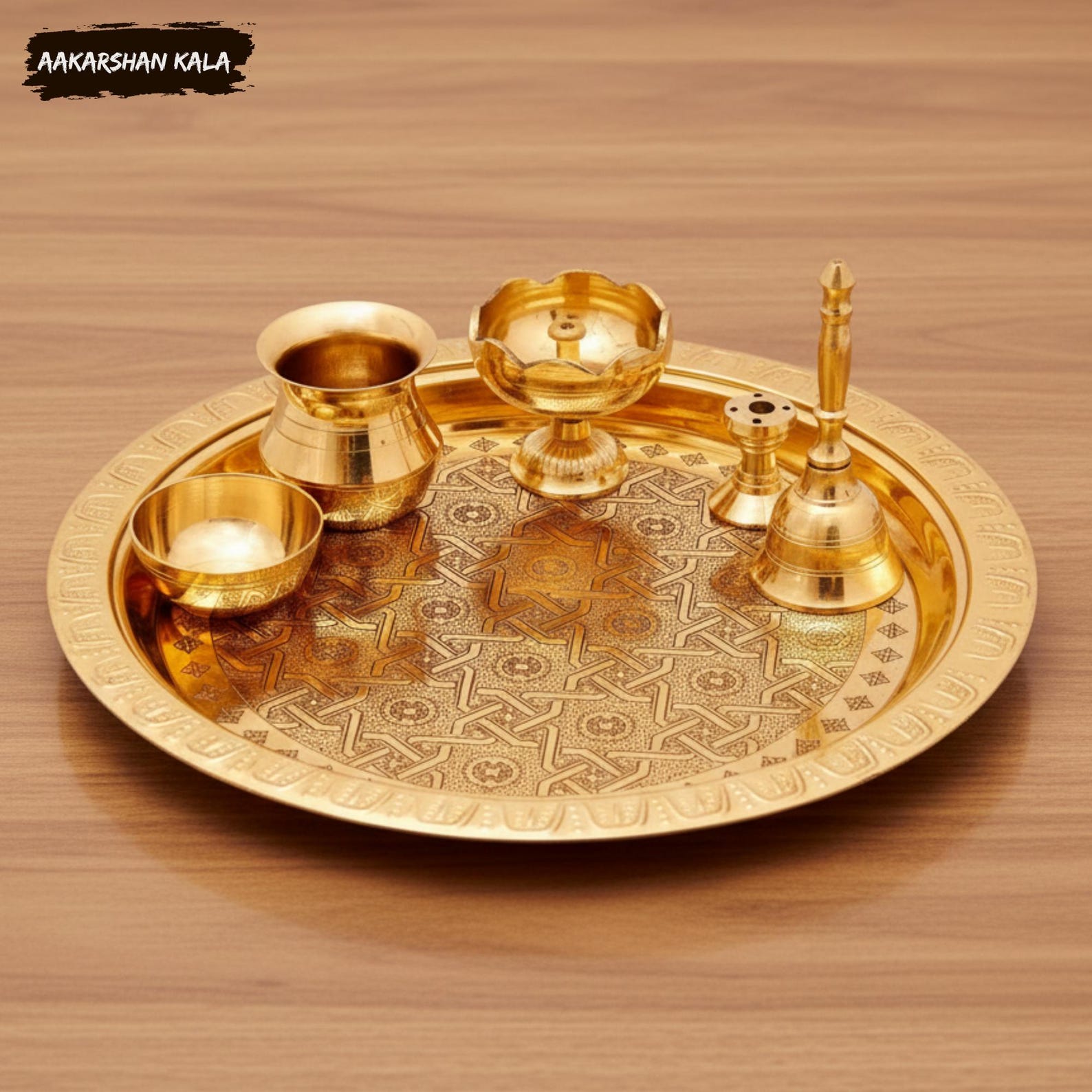 Handmade Pure Brass Embossed Puja Thali Set | Traditional Hindu Puja Plate Set | Spiritual Brass Ritual Thali Set | Aakarshan Kala