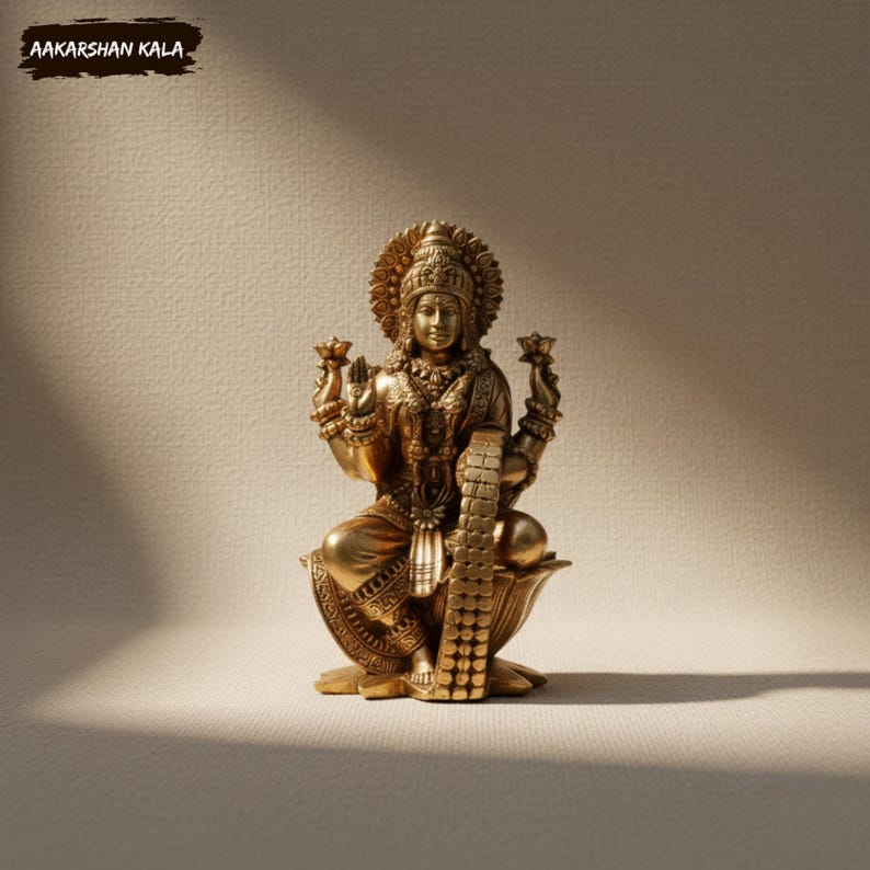 Brass Goddess Lakshmi Idol | Superfine Handcrafted Lakshmi Murti | 4 Inch Brass Statue | Hindu Pooja & Prosperity Decor image 4