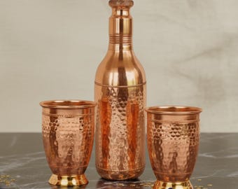 Handmade Hammered Copper Drinkware Gift Set | Ayurvedic Copper Pitcher | Traditional Indian Drinkware | 3 Pcs Copper Bottle with Glass Set