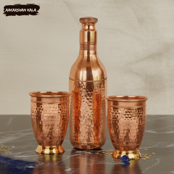 Handmade Hammered Copper Drinkware Gift Set | Ayurvedic Copper Pitcher | Traditional Indian Drinkware | 3 Pcs Copper Bottle with Glass Set