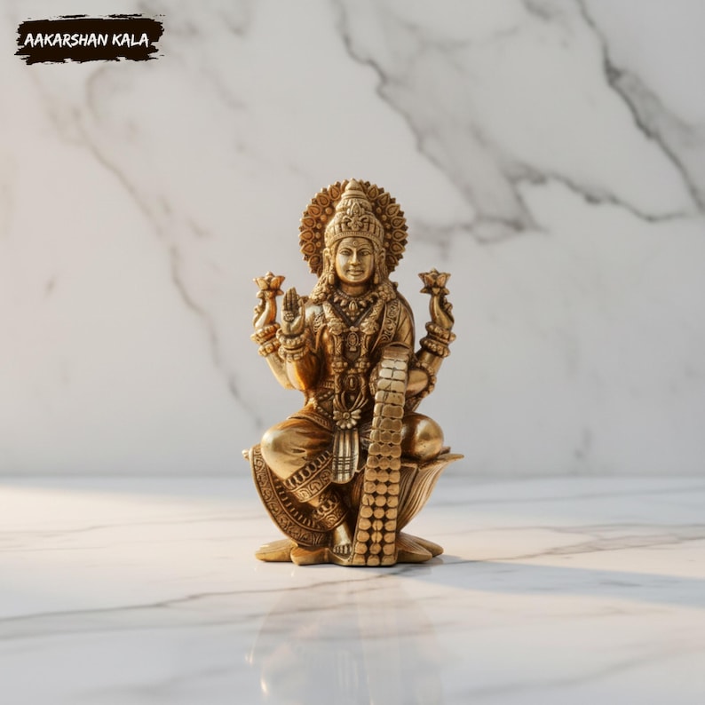 Brass Goddess Lakshmi Idol | Superfine Handcrafted Lakshmi Murti | 4 Inch Brass Statue | Hindu Pooja & Prosperity Decor image 1