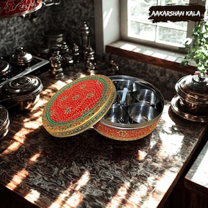 Hand Painted Spice Box | Indian Spice Box | Masala Dabba | Kitchen Organizer | Beautiful Masala Box | Hand Painted Masala Dabba, Masala Dani