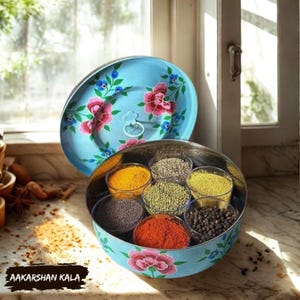 Hand Painted Spice Box | Indian Spice Box | Masala Dabba | Kitchen Organizer | Beautiful Masala Box | Hand Painted Masala Dabba, Masala Dani