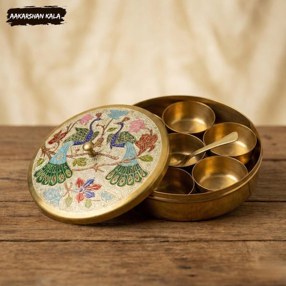 Hand-Painted Peacock Design Brass Masala Box | Indian Spice Box for Kitchen & Dining | Traditional Gift for Her Masala Dani | Aakarshan Kala